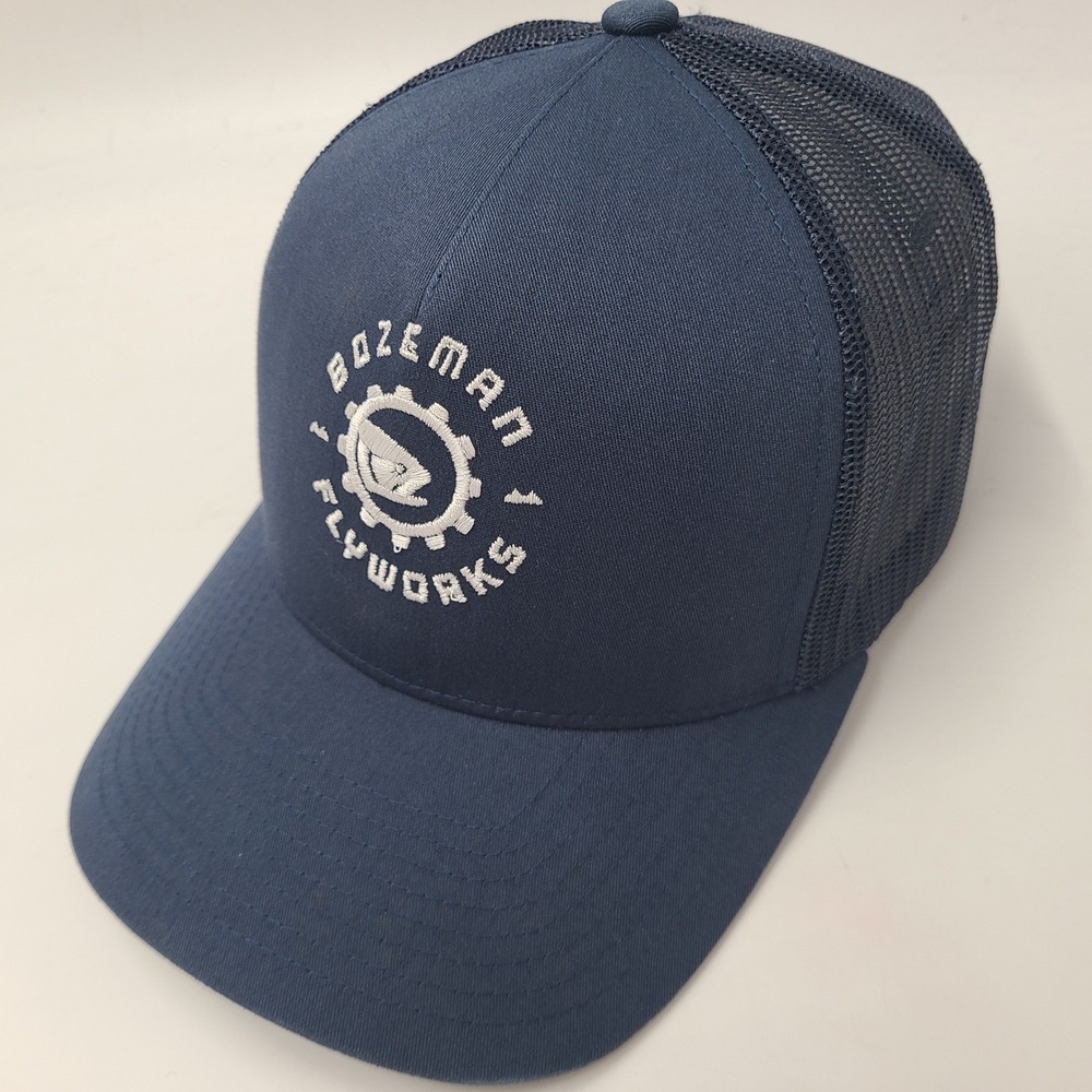 Bozeman FlyWorks Hat Snapback Trucker Mesh Blue White Fly Fishing Montana Men